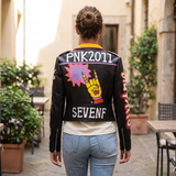 Women's Multicolor Graphic Faux Leather Biker Jacket — Black — rear on model