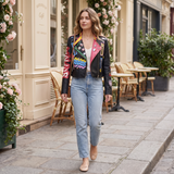 Women's Multicolor Graphic Faux Leather Biker Jacket — Black — full-body view