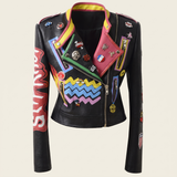 Women's Multicolor Graphic Faux Leather Biker Jacket — Black — front product view