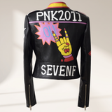 Women's Multicolor Graphic Faux Leather Biker Jacket — Black — rear product view
