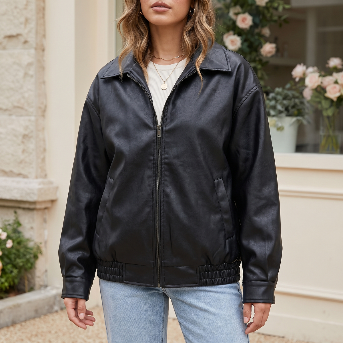 Women's Oversized Faux Leather Zip-Up Bomber Jacket — Black — front on model