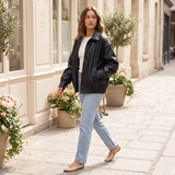 Women's Oversized Faux Leather Zip-Up Bomber Jacket — Black — full-body view