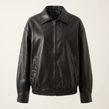 Women's Oversized Faux Leather Zip-Up Bomber Jacket — Black — front product view