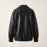 Women's Oversized Faux Leather Zip-Up Bomber Jacket — Black — rear product view
