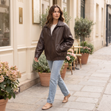 Women's Oversized Faux Leather Zip-Up Bomber Jacket — Dark Brown — full-body view