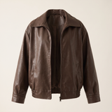 Women's Oversized Faux Leather Zip-Up Bomber Jacket — Dark Brown — front product view