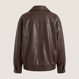 Women's Oversized Faux Leather Zip-Up Bomber Jacket — Dark Brown — rear product view