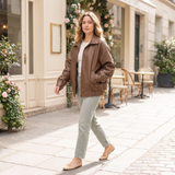 Women's Oversized Faux Leather Zip-Up Bomber Jacket — Light Brown — full-body view
