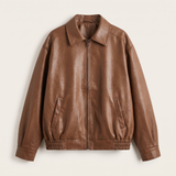 Women's Oversized Faux Leather Zip-Up Bomber Jacket — Light Brown — front product view