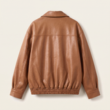 Women's Oversized Faux Leather Zip-Up Bomber Jacket — Light Brown — rear product view