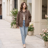 Women's Relaxed Faux Leather Bomber Jacket with Welt Pockets — Brown — full-body view