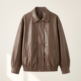 Women's Relaxed Faux Leather Bomber Jacket with Welt Pockets — Brown — front product view