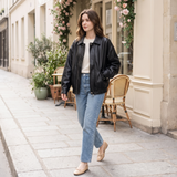 Women's Relaxed Faux Leather Bomber Jacket with Welt Pockets — Black — full-body view