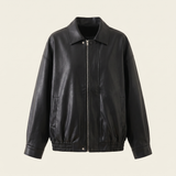 Women's Relaxed Faux Leather Bomber Jacket with Welt Pockets — Black — front product view