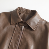 Women's Relaxed Faux Leather Bomber Jacket with Welt Pockets — Brown — product detail