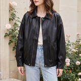 Women's Relaxed Faux Leather Bomber Jacket with Welt Pockets — Black — alternate front view