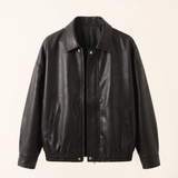 Women's Relaxed Faux Leather Bomber Jacket with Welt Pockets — Black — product detail