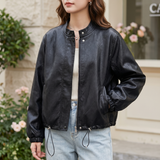 Women's Stand-Collar Faux Leather Bomber Jacket with Drawcord Hem — Black — front on model