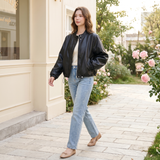 Women's Stand-Collar Faux Leather Bomber Jacket with Drawcord Hem — Black — full-body view