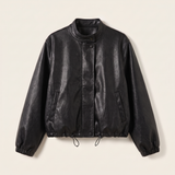 Women's Stand-Collar Faux Leather Bomber Jacket with Drawcord Hem — Black — front product view