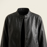 Women's Stand-Collar Faux Leather Bomber Jacket with Drawcord Hem — Black — product detail