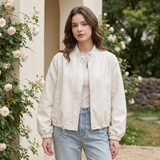 Women's Stand-Collar Faux Leather Bomber Jacket with Drawcord Hem — White — alternate front view