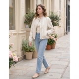 Women's Stand-Collar Faux Leather Bomber Jacket with Drawcord Hem — White — full-body view