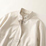 Women's Stand-Collar Faux Leather Bomber Jacket with Drawcord Hem — White — product detail