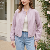 Women's Stand-Collar Faux Leather Bomber Jacket with Drawcord Hem — Purple — front on model