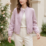 Women's Stand-Collar Faux Leather Bomber Jacket with Drawcord Hem — Purple — alternate front view