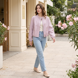 Women's Stand-Collar Faux Leather Bomber Jacket with Drawcord Hem — Purple — full-body view