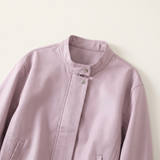 Women's Stand-Collar Faux Leather Bomber Jacket with Drawcord Hem — Purple — product detail