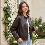 Women's Stand-Collar Faux Leather Bomber Jacket with Drawcord Hem — Brown — alternate front view