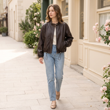 Women's Stand-Collar Faux Leather Bomber Jacket with Drawcord Hem — Brown — full-body view