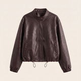 Women's Stand-Collar Faux Leather Bomber Jacket with Drawcord Hem — Brown — front product view