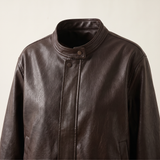 Women's Stand-Collar Faux Leather Bomber Jacket with Drawcord Hem — Brown — product detail