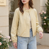 Women's Stand-Collar Faux Leather Bomber Jacket with Drawcord Hem — Yellow — front on model