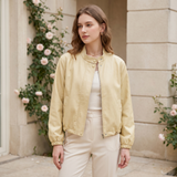 Women's Stand-Collar Faux Leather Bomber Jacket with Drawcord Hem — Yellow — alternate front view