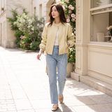 Women's Stand-Collar Faux Leather Bomber Jacket with Drawcord Hem — Yellow — full-body view