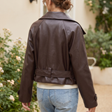 Women's Wide-Collar Cropped Faux Leather Tie-Waist Jacket — Brown — rear on model