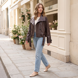 Women's Wide-Collar Cropped Faux Leather Tie-Waist Jacket — Brown — full-body view