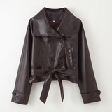 Women's Wide-Collar Cropped Faux Leather Tie-Waist Jacket — Brown — front product view
