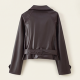 Women's Wide-Collar Cropped Faux Leather Tie-Waist Jacket — Brown — rear product view