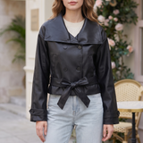 Women's Wide-Collar Cropped Faux Leather Tie-Waist Jacket — Black — front on model