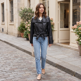 Women's Wide-Collar Cropped Faux Leather Tie-Waist Jacket — Black — full-body view