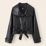 Women's Wide-Collar Cropped Faux Leather Tie-Waist Jacket — Black — front product view