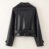 Women's Wide-Collar Cropped Faux Leather Tie-Waist Jacket — Black — rear product view