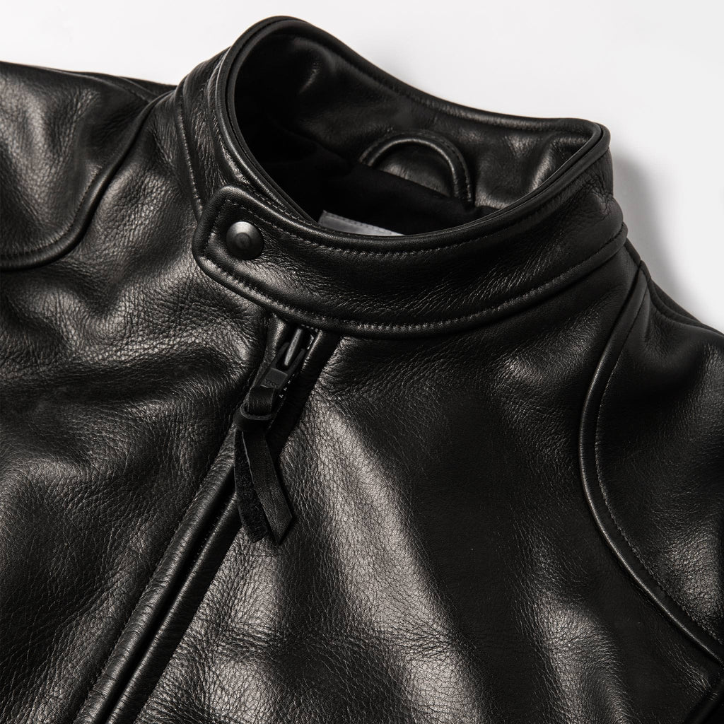 Men's The Band Collar Moto Jacket in Black Steerhide