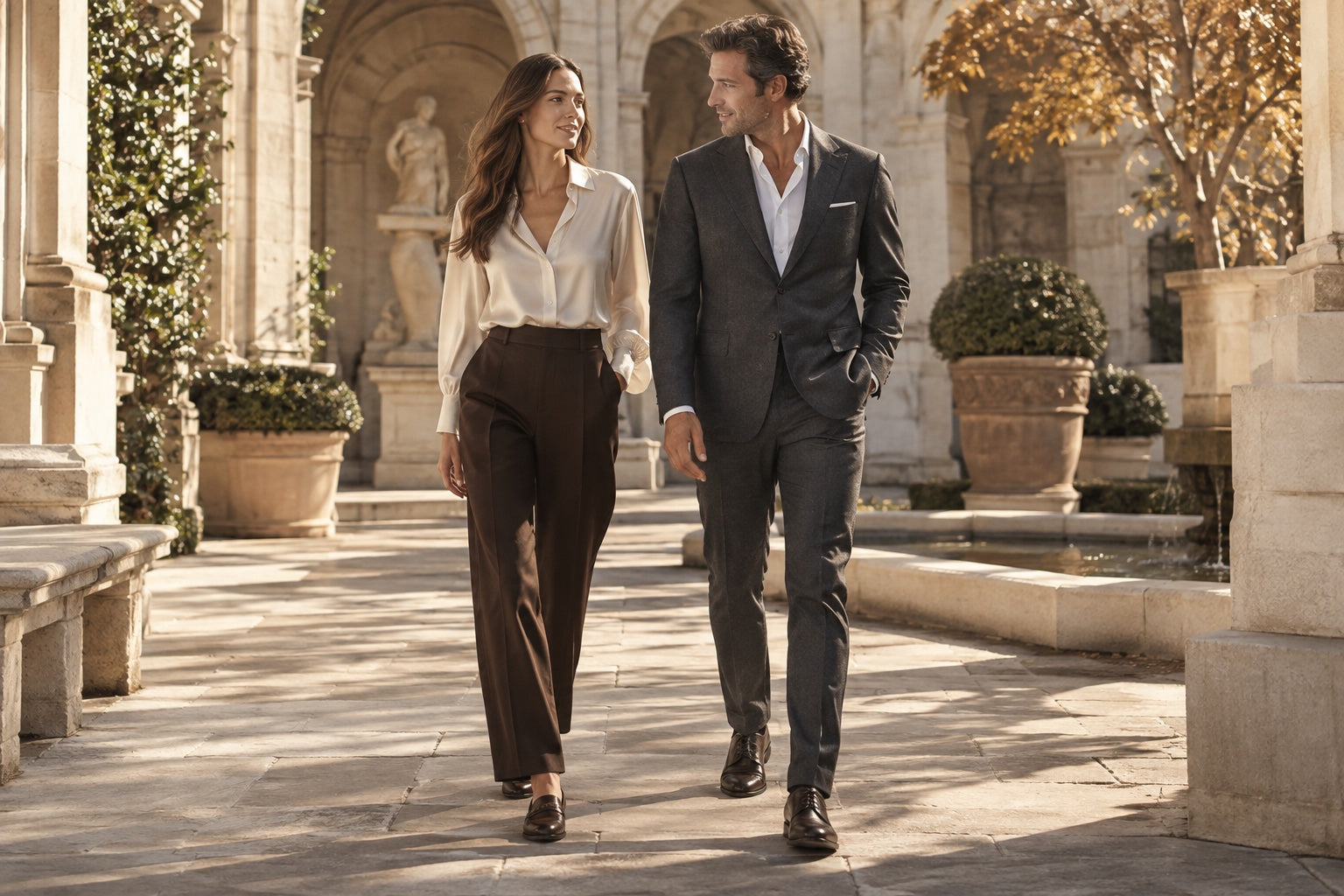 An effortless moment in tailored ivory and charcoal